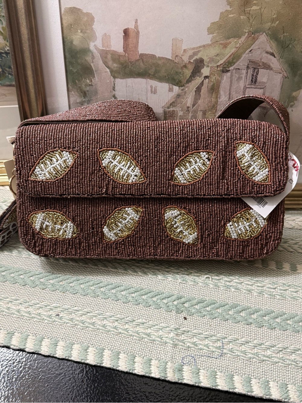 T.J.Maxx Brown Beaded Shoulder Bag with Gold & White Leaf Motifs